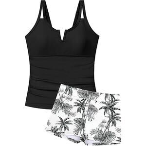 New TyeSmo Black White Tropical Tankini Swim Bathing Suit Youth Size 12-14